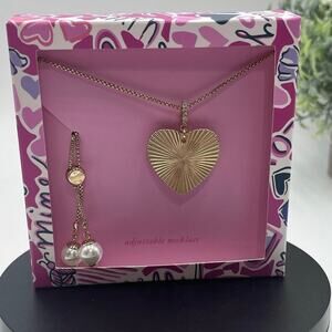 Lilly Pulitzer Lilac You A lot Bolo Gold Tone Heart faux Pearl Necklace Box‎ New